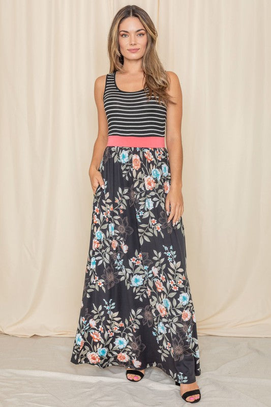 Sleeveless Floral Band Maxi Dress