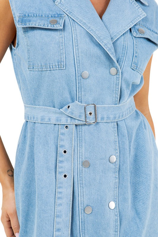 Waist Belt Denim Vest Midi Dress with Pockets