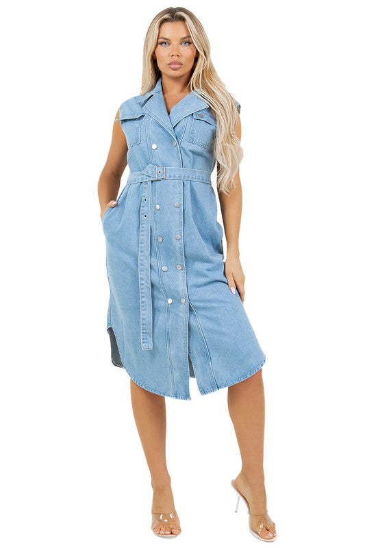 Waist Belt Denim Vest Midi Dress with Pockets