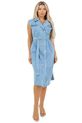 Waist Belt Denim Vest Midi Dress with Pockets