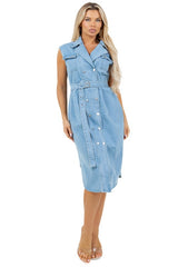 Waist Belt Denim Vest Midi Dress with Pockets