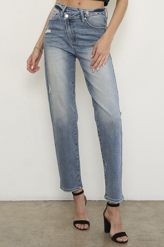 High Rise Cross Overed Girlfriend Jeans