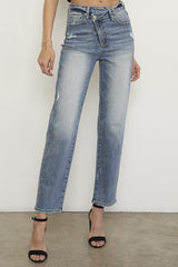 High Rise Cross Overed Girlfriend Jeans