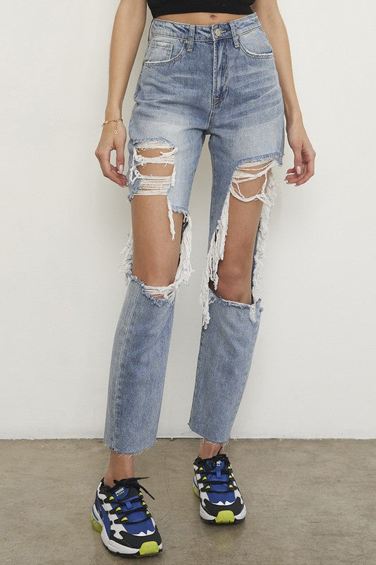 Light Wash High Rise Destroyed Boyfriend Jeans