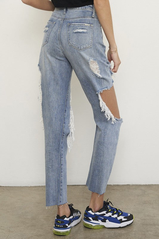 Light Wash High Rise Destroyed Boyfriend Jeans