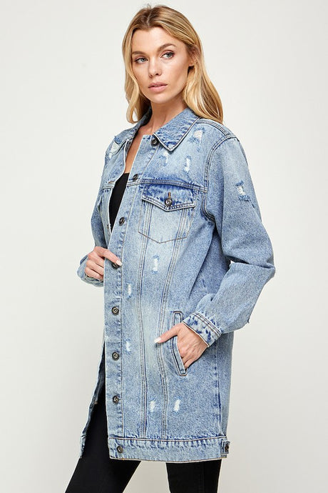 Distressed 3/4 Length Denim Jacket king-general-store-5710.myshopify.com