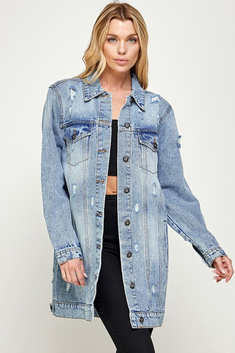 Distressed 3/4 Length Denim Jacket king-general-store-5710.myshopify.com