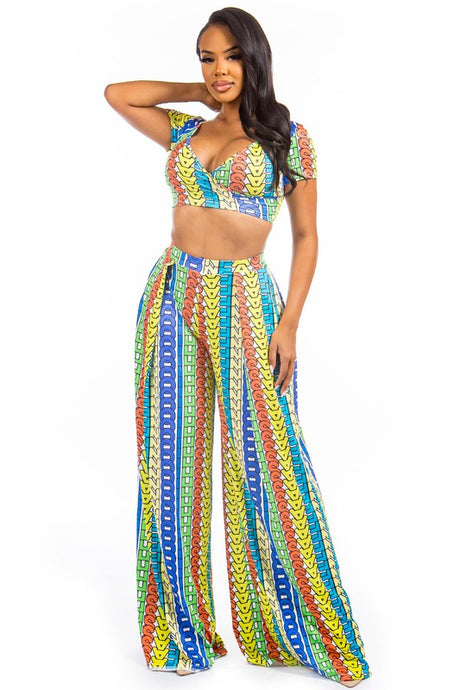 Green Multi V-Neck Crop Top & Wide Leg Pant Set king-general-store-5710.myshopify.com