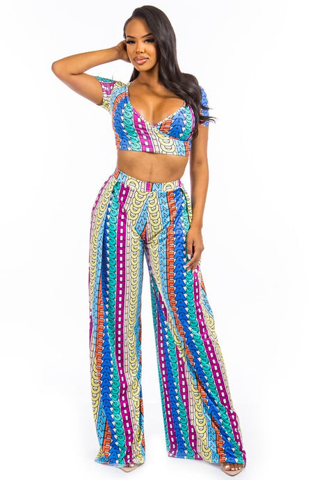 Blue Multi V-Neck Crop Top & Wide Leg Pant Set king-general-store-5710.myshopify.com