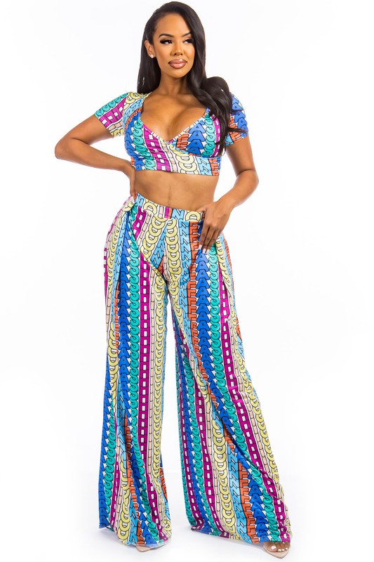 Blue Multi V-Neck Crop Top & Wide Leg Pant Set king-general-store-5710.myshopify.com