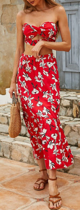 Red Floral Crop Top and Maxi Skirt Set