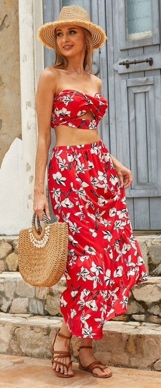 Red Floral Crop Top and Maxi Skirt Set