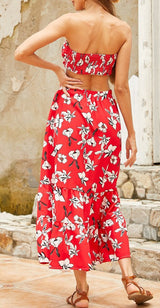 Red Floral Crop Top and Maxi Skirt Set