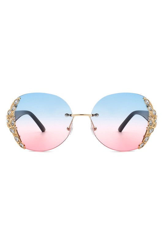 Women Rimless Round Rhinestone Oversize Sunglasses king-general-store-5710.myshopify.com