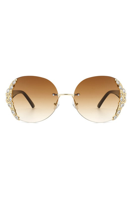 Women Rimless Round Rhinestone Oversize Sunglasses king-general-store-5710.myshopify.com