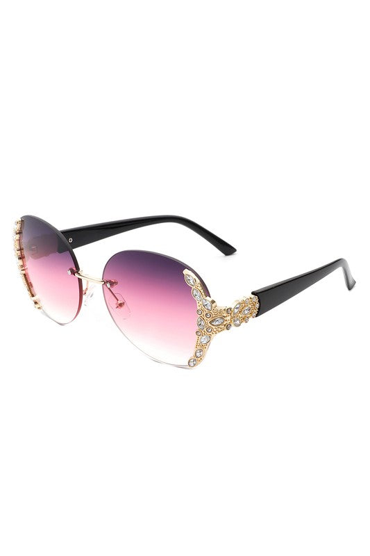 Women Rimless Round Rhinestone Oversize Sunglasses king-general-store-5710.myshopify.com