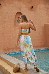 Multi Colored Blue Floral Crop Tube & Long Skirt Set