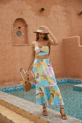 Multi Colored Blue Floral Crop Tube & Long Skirt Set