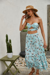 Light Blue Floral Crop Tube & Long Skirt Set