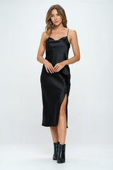 Black Satin Bias Slip Dress with Slit