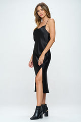 Black Satin Bias Slip Dress with Slit