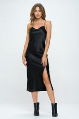 Black Satin Bias Slip Dress with Slit