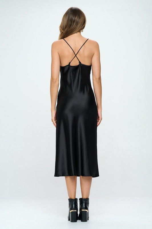 Black Satin Bias Slip Dress with Slit