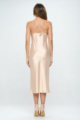 Beige Satin Bias Slip Dress with Slit