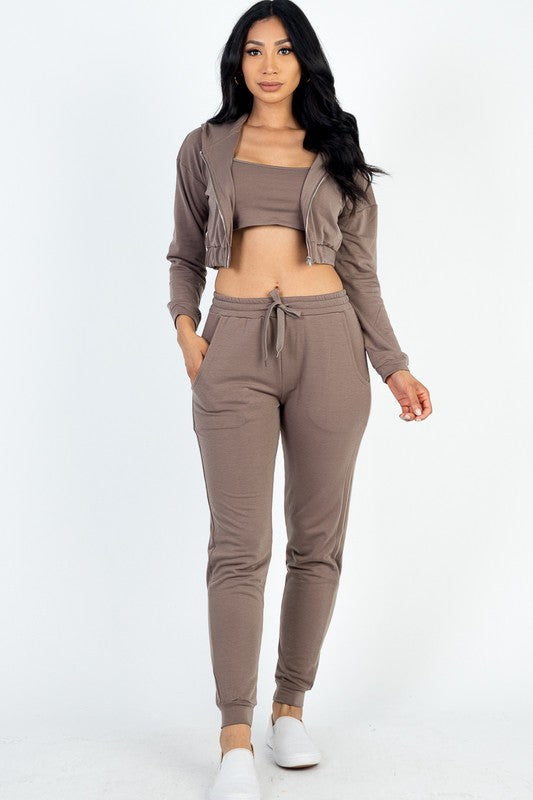 Cropped Cami with Zip-up Jacket and Joggers Set king-general-store-5710.myshopify.com