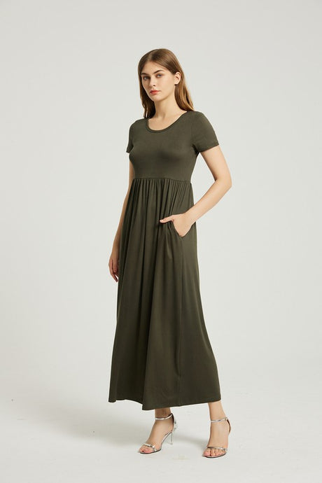 Olive Summer Casual Maxi Dress With Pocket
