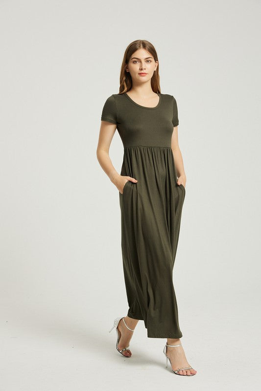 Olive Summer Casual Maxi Dress With Pocket