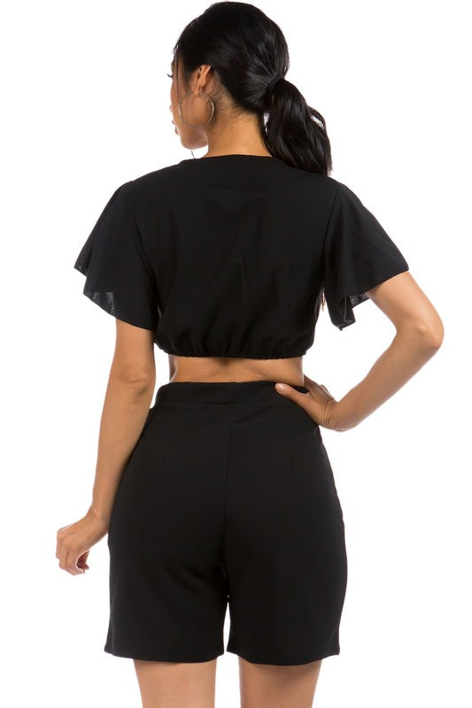 Black Crop V-Neck Shorts Set king-general-store-5710.myshopify.com