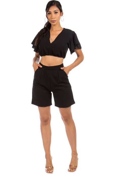 Black Crop V-Neck Shorts Set king-general-store-5710.myshopify.com