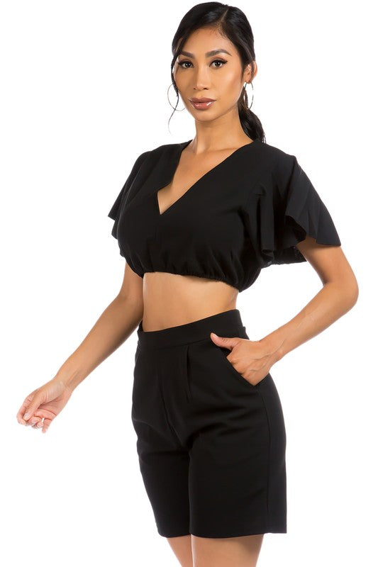 Black Crop V-Neck Shorts Set king-general-store-5710.myshopify.com