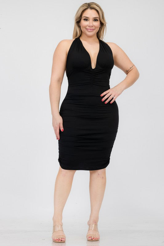 Plus Plunging Neck Ruched Bodycon Mini Dress