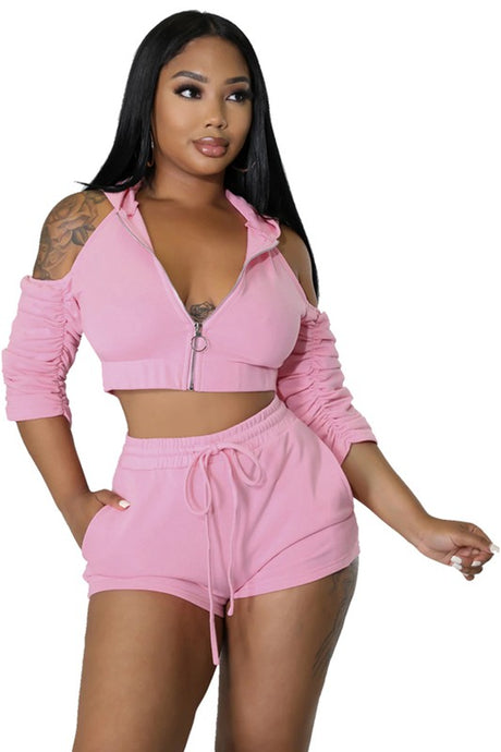 Off Shoulder Zip Up Short Set king-general-store-5710.myshopify.com