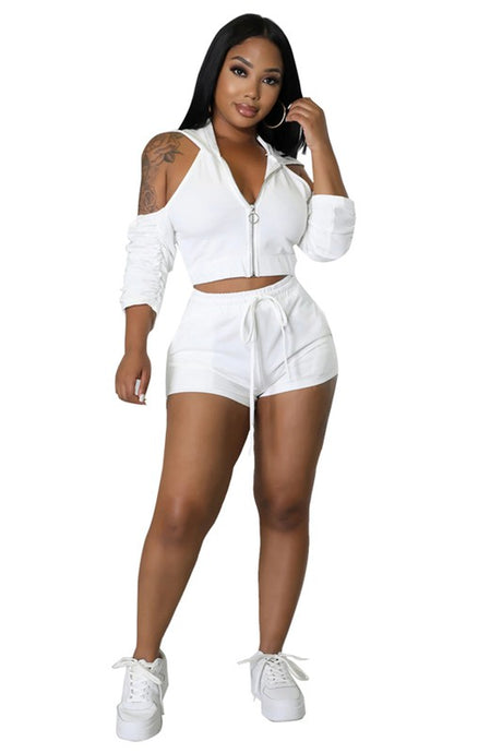 Off Shoulder Zip Up Short Set king-general-store-5710.myshopify.com