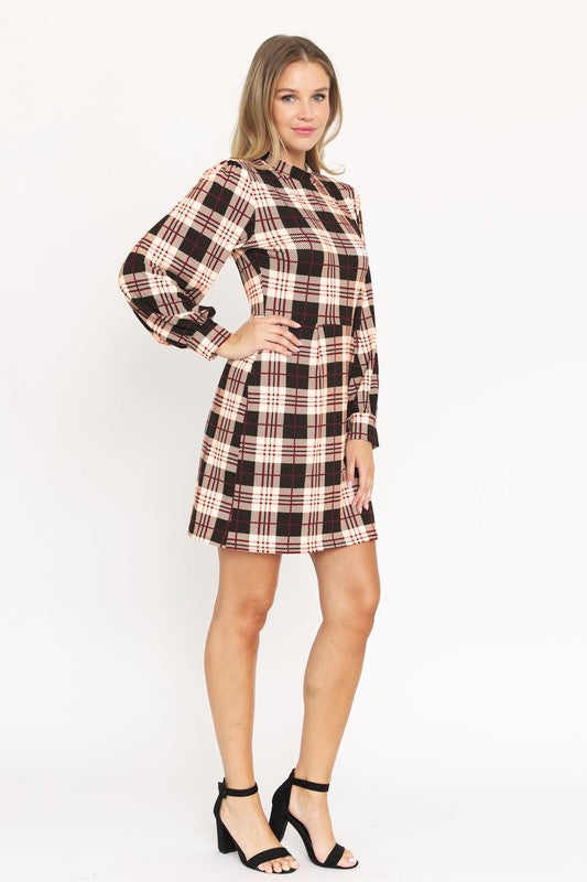 High Neck Plaid Sheath Mini Dress