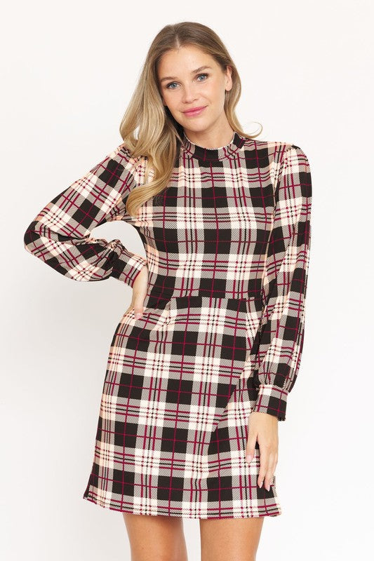 High Neck Plaid Sheath Mini Dress