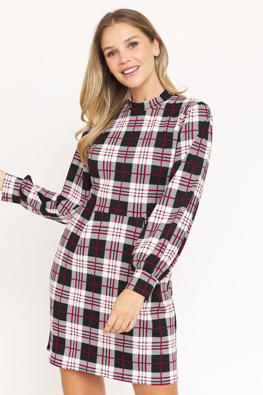 High Neck Plaid Sheath Mini Dress