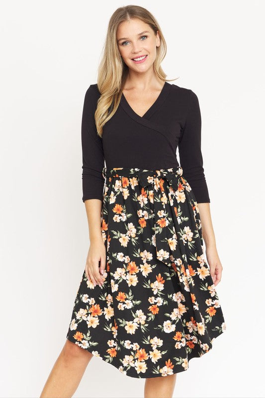 Surplice Floral Sash Midi Dress