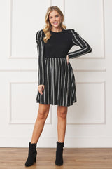 Pinstripe Puff Shoulder Flare Dress