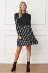 Pinstripe Puff Shoulder Flare Dress