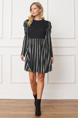 Pinstripe Puff Shoulder Flare Dress