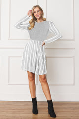 Pinstripe Puff Shoulder Flare Dress