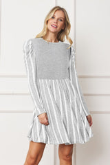 Pinstripe Puff Shoulder Flare Dress