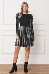 Pinstripe Puff Shoulder Flare Dress