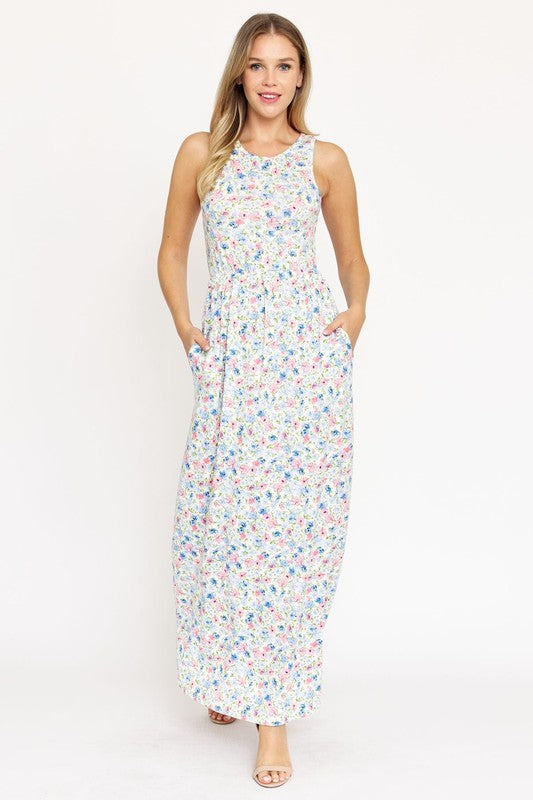 Pastel Floral Sleeveless Maxi Dress