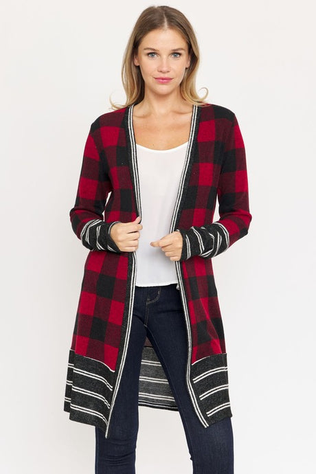 Long Buffalo Plaid Stripe Trim Open Cardigan king-general-store-5710.myshopify.com