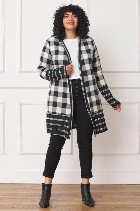 Long Buffalo Plaid Stripe Trim Open Cardigan king-general-store-5710.myshopify.com